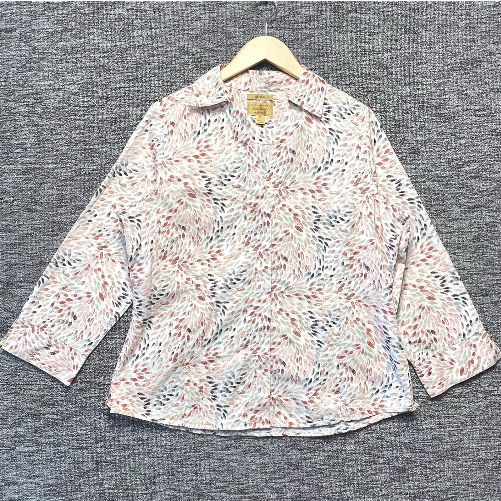 Investments Gold Label Taylor Shirt Women 14 White Abstract Leaf Cotton No Iron